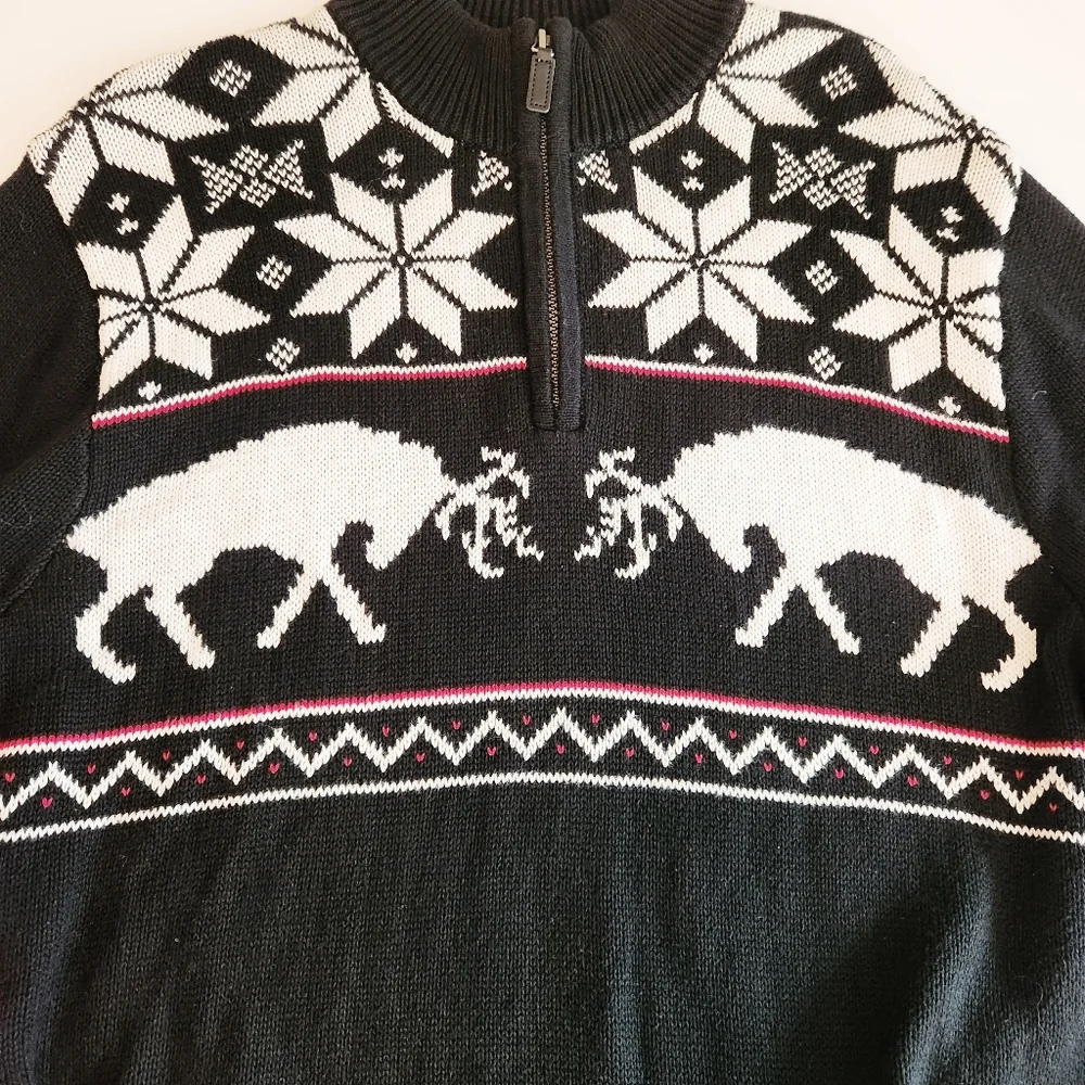 Vintage Chaps Nordic Black 1/4 zip Sweater Fighting Deer Snowflake Mens Large